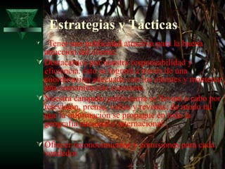 Estrategias y Tácticas
  Tener una publicidad atractiva para la buena
  atracción del cliente.
 Destacarnos por nuestra responsabilidad y
  eficiencia. ésto se logrará a través de una
  coordinación adecuada con los clientes y mantener
  una comunicación constante.
 Nuestra campaña publicitaria se llevará a cabo por
  televisión, prensa, vallas y revistas; de modo tal
  que la información se propague en toda la
  geografía nacional e internacional.

 Ofrecer reconocimientos y comisiones para cada
    vendedor.
 
