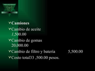  Camiones
 Cambio de aceite
  1,500.00
 Cambio de gomas
  20,000.00
 Cambio de filtro y batería     5,500.00
 Costo total33 ,500.00 pesos.
 