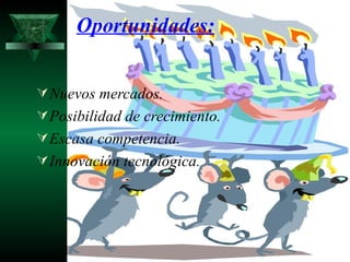 Oportunidades:


 Nuevos mercados.
 Posibilidad de crecimiento.
 Escasa competencia.
 Innovación tecnológica.
 