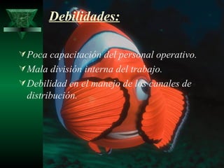 Debilidades:

 Poca capacitación del personal operativo.
 Mala división interna del trabajo.
 Debilidad en el manejo de los canales de
  distribución.
 