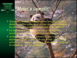 Metas a cumplir

 Tener una estructura organizacional bien posicionada,
  donde no hallan tomas de decisiones sin antes consultar
  las políticas previamente establecidas en la empresa.
 Un mejoramiento continuo basado en un soporte
  tecnológico moderno y en óptimas condiciones.
 Al final de este proyecto debemos contar con el personal
  mejor capacitado y entrenado que brinde un excelente
  servicio al cliente, que la imagen de la empresa brille por
  la calidad del servicio brindado.
 