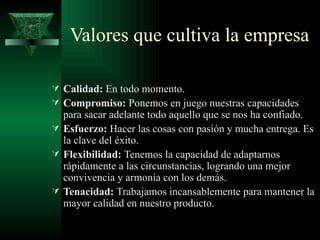 Valores que cultiva la empresa

 Calidad: En todo momento.
 Compromiso: Ponemos en juego nuestras capacidades
  para sacar adelante todo aquello que se nos ha confiado.
 Esfuerzo: Hacer las cosas con pasión y mucha entrega. Es
  la clave del éxito.
 Flexibilidad: Tenemos la capacidad de adaptarnos
  rápidamente a las circunstancias, logrando una mejor
  convivencia y armonía con los demás.
 Tenacidad: Trabajamos incansablemente para mantener la
  mayor calidad en nuestro producto.
 