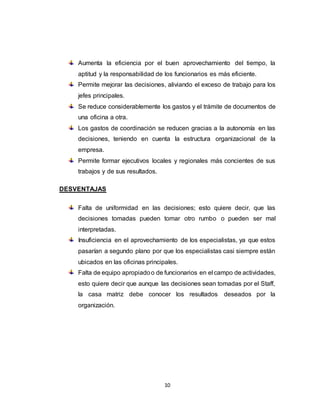 10
Aumenta la eficiencia por el buen aprovechamiento del tiempo, la
aptitud y la responsabilidad de los funcionarios es más eficiente.
Permite mejorar las decisiones, aliviando el exceso de trabajo para los
jefes principales.
Se reduce considerablemente los gastos y el trámite de documentos de
una oficina a otra.
Los gastos de coordinación se reducen gracias a la autonomía en las
decisiones, teniendo en cuenta la estructura organizacional de la
empresa.
Permite formar ejecutivos locales y regionales más concientes de sus
trabajos y de sus resultados.
DESVENTAJAS
Falta de uniformidad en las decisiones; esto quiere decir, que las
decisiones tomadas pueden tomar otro rumbo o pueden ser mal
interpretadas.
Insuficiencia en el aprovechamiento de los especialistas, ya que estos
pasarían a segundo plano por que los especialistas casi siempre están
ubicados en las oficinas principales.
Falta de equipo apropiadoo de funcionarios en el campo de actividades,
esto quiere decir que aunque las decisiones sean tomadas por el Staff,
la casa matriz debe conocer los resultados deseados por la
organización.
 