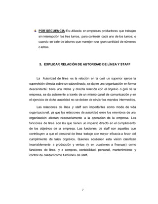 7
POR SECUENCIA: Es utilizada en empresas productoras que trabajan
sin interrupción los tres turnos, para controlar cada uno de los turnos; o
cuando se trate de labores que manejen una gran cantidad de números
o letras.
5. EXPLICAR RELACIÓN DE AUTORIDAD DE LÍNEA Y STAFF
La Autoridad de línea es la relación en la cual un superior ejerce la
supervisión directa sobre un subordinado, se da en una organización en forma
descendente: tiene una íntima y directa relación con el objetivo o giro de la
empresa, se da solamente a través de un mismo canal de comunicación y en
el ejercicio de dicha autoridad no se deben de obviar los mandos intermedios.
Las relaciones de línea y staff son importantes como modo de vida
organizacional, ya que las relaciones de autoridad entre los miembros de una
organización afectan necesariamente a la operación de la empresa. Las
funciones de línea son las que tienen un impacto directo en el cumplimiento
de los objetivos de la empresa. Las funciones de staff son aquellas que
contribuyen a que el personal de línea trabaje con mayor eficacia a favor del
cumplimiento de tales objetivos. Quienes sostienen esta visión clasifican
invariablemente a producción y ventas (y en ocasiones a finanzas) como
funciones de línea, y a compras, contabilidad, personal, mantenimiento y
control de calidad como funciones de staff.
 