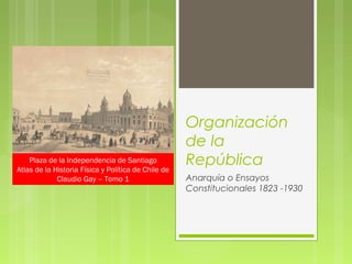Organización
de la
República
Anarquía o Ensayos
Constitucionales 1823 -1930
Plaza de la Independencia de Santiago
Atlas de la Historia Física y Política de Chile de
Claudio Gay – Tomo 1
 