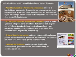 c) Las instituciones de una comunidad autónoma son las siguientes:
• Asamblea legislativa o Parlamento autonómico: elabora la
legislación en las materias de competencia autonómica, aprueba
el presupuesto, y controla al ejecutivo regional. Sus miembros se
eligen por sufragio universal cada cuatro años entre los habitantes
de la comunidad autónoma.
• El Consejo de Gobierno o Gobierno autonómico: ejerce el poder
ejecutivo. Integrado por el presidente de la comunidad, elegido
por el Parlamento autonómico y nombrado por el rey; y por
consejeros, elegidos por el presidente, que se encargan de las
diferentes áreas de gobierno (consejerías).
• Tribunal Superior de Justicia: máxima representación del poder
judicial de una comunidad autónoma. Sus sentencias solo pueden
recurrirse a los tribunales Supremo y Constitucional.
• Delegado del Gobierno: es el encargado de dirigir la
administración general del Estado en la comunidad y de
coordinarse con ella.
 