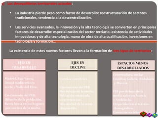 c) Los desequilibrios territoriales actuales:
• La industria pierde peso como factor de desarrollo: reestructuración de sectores
tradicionales, tendencia a la descentralización.
• Los servicios avanzados, la innovación y la alta tecnología se convierten en principales
factores de desarrollo: especialización del sector terciario, existencia de actividades
innovadoras y de alta tecnología, mano de obra de alta cualificación, inversiones en
tecnología y formación…
La existencia de estos nuevos factores llevan a la formación de tres tipos de territorios:
EJES DE
DESARROLLO
EJES EN
DECLIVE
ESPACIOS MENOS
DESARROLLADOS
Madrid, País Vasco,
litoral mediterráneo
norte y Valle del Ebro.
Crecimiento del PIB.
Difusión de la población.
Renta bruta en los hogares
por encima de la media.
Cornisa cantábrica.
Crecimiento del PIB
Por debajo de la media.
Población estancada
o en retroceso.
Disparidad de la renta
disponible.
Extremadura, ambas
Castillas, Galicia, Andalucía
y Murcia.
PIB por debajo de la
media salvo en Murcia
y Andalucía.
Disparidad en el terreno
demográfico.
Carencias sociales.
 
