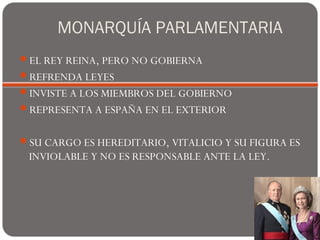MONARQUÍA PARLAMENTARIA
EL REY REINA, PERO NO GOBIERNA
REFRENDA LEYES
INVISTE A LOS MIEMBROS DEL GOBIERNO
REPRESENTA A ESPAÑA EN EL EXTERIOR
SU CARGO ES HEREDITARIO, VITALICIO Y SU FIGURA ES
INVIOLABLE Y NO ES RESPONSABLE ANTE LA LEY.
 