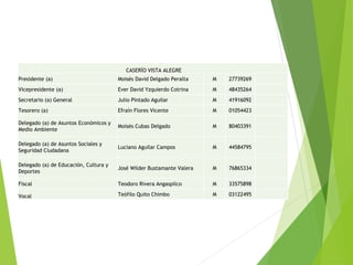 CASERÍO VISTA ALEGRE
Presidente (a) Moisés David Delgado Peralta M 27739269
Vicepresidente (a) Ever David Yzquierdo Cotrina M 48435264
Secretario (a) General Julio Pintado Aguilar M 41916092
Tesorero (a) Efraín Flores Vicente M 01054423
Delegado (a) de Asuntos Económicos y
Medio Ambiente
Moisés Cubas Delgado M 80403391
Delegado (a) de Asuntos Sociales y
Seguridad Ciudadana
Luciano Aguilar Campos M 44584795
Delegado (a) de Educación, Cultura y
Deportes
José Wilder Bustamante Valera M 76865334
Fiscal Teodoro Rivera Angaspilco M 33575898
Vocal Teófilo Quito Chimbo M 03122495
 
