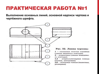 ПРАКТИЧЕСКАЯ РАБОТА №1
Выполнение основных линий, основной надписи чертежа и
чертёжного шрифта.
 