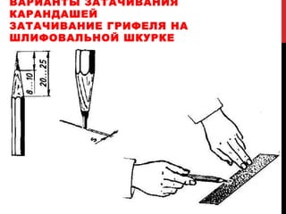 ВАРИАНТЫ ЗАТАЧИВАНИЯ
КАРАНДАШЕЙ
ЗАТАЧИВАНИЕ ГРИФЕЛЯ НА
ШЛИФОВАЛЬНОЙ ШКУРКЕ
 