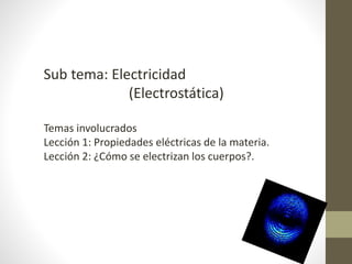 Sub tema: Electricidad
(Electrostática)
Temas involucrados
Lección 1: Propiedades eléctricas de la materia.
Lección 2: ¿Cómo se electrizan los cuerpos?.
 