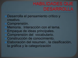 Desarrolla el pensamiento crítico y 
creativo. 
Comprensión. 
Memoria. Interacción con el tema. 
Empaque de ideas principales. 
Comprensión del vocabulario. 
Construcción de conocimiento. 
Elaboración del resumen , la clasificación, 
la gráfica y la categorización 
 