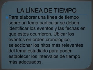 Para elaborar una línea de tiempo 
sobre un tema particular se deben 
identificar los eventos y las fechas en 
que estos ocurrieron. Ubicar los 
eventos en orden cronológico, 
seleccionar los hitos más relevantes 
del tema estudiado para poder 
establecer los intervalos de tiempo 
más adecuados. 
 