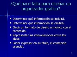 ¿Qué hace falta para diseñar un organizador gráfico? <ul><li>Determinar qué información se incluirá.  </li></ul><ul><li>De...