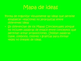 Mapa de ideasForma de organizar visualmente las ideas que permite establecer relaciones no jerárquicas entre diferentes ideasSe diferencian de los Mapas Conceptuales porque no incluyen palabras de enlace entre conceptos que permitan armar proposiciones. Utilizan palabras clave, símbolos, colores y gráficas para formar redes no lineales de ideas.
