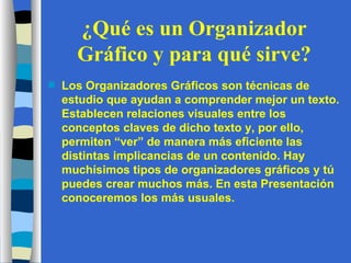 ¿Qué es un Organizador Gráfico y para qué sirve? Los Organizadores Gráficos son técnicas de estudio que ayudan a comprender mejor un texto. Establecen relaciones visuales entre los conceptos claves de dicho texto y, por ello, permiten “ver” de manera más eficiente las distintas implicancias de un contenido. Hay muchísimos tipos de organizadores gráficos y tú puedes crear muchos más. En esta Presentación conoceremos los más usuales. 