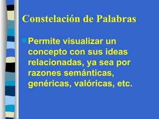 Constelación de Palabras Permite visualizar un concepto con sus ideas relacionadas, ya sea por razones semánticas, genéricas, valóricas, etc. 