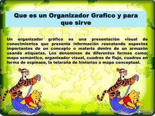 Un organizador gráfico es una presentación visual de
conocimientos que presenta información rescatando aspectos
importantes de un concepto o materia dentro de un armazón
usando etiquetas. Los denominan de diferentes formas como:
mapa semántico, organizador visual, cuadros de flujo, cuadros en
forma de espinazo, la telaraña de historias o mapa conceptual.
 