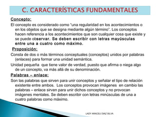 Concepto:
El concepto es considerado como “una regularidad en los acontecimientos o
en los objetos que se designa mediante algún término”. Los conceptos
hacen referencia a los acontecimientos que son cualquier cosa que existe y
se puede observar. Se deben escribir con letras mayúsculas
entre una a cuatro como máximo.
Proposición:
Consta de dos o más términos conceptuales (conceptos) unidos por palabras
(enlaces) para formar una unidad semántica.
Unidad pequeña que tiene valor de verdad, puesto que afirma o niega algo
de un concepto, va más allá de su denominación.
Palabras – enlace:
Son las palabras que sirven para unir conceptos y señalar el tipo de relación
existente entre ambos. Los conceptos provocan imágenes en cambio las
palabras – enlace sirven para unir dichos conceptos y no provocan
imágenes mentales. Se deben escribir con letras minúsculas de una a
cuatro palabras como máximo.
  
LADY ARACELI DIAZ SILVA
 