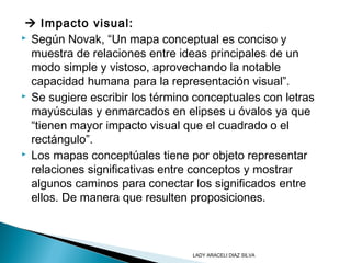 Impacto visual:
 Según Novak, “Un mapa conceptual es conciso y
muestra de relaciones entre ideas principales de un
modo simple y vistoso, aprovechando la notable
capacidad humana para la representación visual”.
 Se sugiere escribir los término conceptuales con letras
mayúsculas y enmarcados en elipses u óvalos ya que
“tienen mayor impacto visual que el cuadrado o el
rectángulo”.
 Los mapas conceptúales tiene por objeto representar
relaciones significativas entre conceptos y mostrar
algunos caminos para conectar los significados entre
ellos. De manera que resulten proposiciones.
LADY ARACELI DIAZ SILVA
 