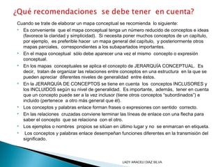 Cuando se trate de elaborar un mapa conceptual se recomienda lo siguiente:
 Es conveniente que el mapa conceptual tenga un número reducido de conceptos e ideas
(favorece la claridad y simplicidad). Si necesita poner muchos conceptos de un capítulo,
por ejemplo, es preferible hacer un mapa general del capítulo, y posteriormente otros
mapas parciales, correspondientes a los subapartados importantes.
 En el mapa conceptual sólo debe aparecer una vez el mismo concepto o expresión
conceptual.
 En los mapas conceptuales se aplica el concepto de JERARQUÍA CONCEPTUAL. Es
decir, tratan de organizar las relaciones entre conceptos en una estructura en la que se
pueden apreciar diferentes niveles de generalidad entre éstos.
 En la JERARQUÍA DE CONCEPTOS se tiene en cuenta los conceptos INCLUSORES y
los INCLUIDOS según su nivel de generalidad. Es importante, además, tener en cuenta
que un concepto puede ser a la vez inclusor (tiene otros conceptos “subordinados”) e
incluido (pertenece a otro más general que él).
 Los conceptos y palabras enlace forman frases o expresiones con sentido correcto.
 En las relaciones cruzadas conviene terminar las líneas de enlace con una flecha para
saber el concepto que se relaciona con el otro.
 Los ejemplos o nombres propios se sitúan en último lugar y no se enmarcan en etiqueta.
  Los conceptos y palabras enlace desempeñan funciones diferentes en la transmisión del
significado.
LADY ARACELI DIAZ SILVA
 