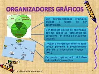 Son técnicas activas de aprendizaje
con los cuales se representan los
conceptos en forma de esquemas
visuales.
Ayudan a comprender mejor el texto
porque permiten el procesamiento
dual de la información (imagen –
texto).
Se pueden aplicar tanto al trabajo
individual como colectivo.
Son representaciones originales,
exactas y fáciles de ser
desarrolladas.
1
Lic. Glenda Vera Mora MSC.
 