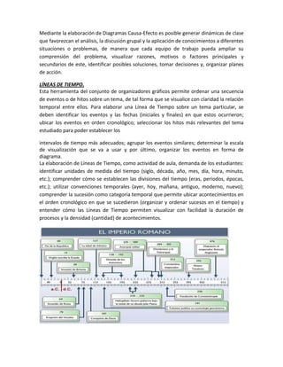 Mediante la elaboración de Diagramas Causa-Efecto es posible generar dinámicas de clase
que favorezcan el análisis, la discusión grupal y la aplicación de conocimientos a diferentes
situaciones o problemas, de manera que cada equipo de trabajo pueda ampliar su
comprensión del problema, visualizar razones, motivos o factores principales y
secundarios de este, identificar posibles soluciones, tomar decisiones y, organizar planes
de acción.

LÍNEAS DE TIEMPO.
Esta herramienta del conjunto de organizadores gráficos permite ordenar una secuencia
de eventos o de hitos sobre un tema, de tal forma que se visualice con claridad la relación
temporal entre ellos. Para elaborar una Línea de Tiempo sobre un tema particular, se
deben identificar los eventos y las fechas (iniciales y finales) en que estos ocurrieron;
ubicar los eventos en orden cronológico; seleccionar los hitos más relevantes del tema
estudiado para poder establecer los

intervalos de tiempo más adecuados; agrupar los eventos similares; determinar la escala
de visualización que se va a usar y por último, organizar los eventos en forma de
diagrama.
La elaboración de Líneas de Tiempo, como actividad de aula, demanda de los estudiantes:
identificar unidades de medida del tiempo (siglo, década, año, mes, día, hora, minuto,
etc.); comprender cómo se establecen las divisiones del tiempo (eras, periodos, épocas,
etc.); utilizar convenciones temporales (ayer, hoy, mañana, antiguo, moderno, nuevo);
comprender la sucesión como categoría temporal que permite ubicar acontecimientos en
el orden cronológico en que se sucedieron (organizar y ordenar sucesos en el tiempo) y
entender cómo las Líneas de Tiempo permiten visualizar con facilidad la duración de
procesos y la densidad (cantidad) de acontecimientos.
 
