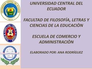 UNIVERSIDAD CENTRAL DEL
ECUADOR
FACULTAD DE FILOSOFÍA, LETRAS Y
CIENCIAS DE LA EDUCACIÒN
ESCUELA DE COMERCIO Y
ADMINISTRACIÒN
ELABORADO POR: ANA RODRÍGUEZ
 