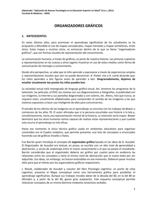 Diplomado: “Aplicación de Nuevas Tecnologías en la Educación Superior en Salud” (1ra v., 2011)
Facultad de Medicina - UMSS

ORGANIZADORES GRÁFICOS
1. ANTECEDENTES
En estos últimos años, para promover el aprendizaje significativo de los estudiantes se ha
propuesto y difundido el uso de mapas conceptuales, mapas mentales y mapas semánticos, entre
otros. Estos mapas y muchos otros, se enmarcan dentro de lo que se llama “organizadores
gráficos”, que son formas visuales de representación del conocimiento.
La comunicación humana, a través de gráficos, es parte de nuestra historia. Las pinturas rupestres
y representaciones en las cuevas y otros lugares muestran el uso de estos medios como forma de
comunicación de mensajes o conocimiento.
Desde otra perspectiva, se sabe que el niño aprende a expresarse a través de experiencias amplias
y representaciones visuales que aún no puede denominar. K. Parker cita a A. Lamb diciendo que;
los niños aprenden a leer figuras antes de aprender a leer. Desgraciadamente, dejamos de
enseñar visualmente tan pronto los niños pueden leer.
La sociedad actual está impregnada de lenguaje gráfico-visual. Así, tenemos los programas de la
televisión, las películas, el DVD, las revistas con sus diagramaciones y fotografías, la publicidad con
sus imágenes, la Internet y sus pantallas diagramadas y con colores, etc. Ahora, más que nunca, se
requiere estar; visualmente alfabetizados para comprender el sentido de las imágenes a las que
estamos expuestos y hacer uso inteligente de ellas para comunicarnos.
El estudio de los efectos de las imágenes en el aprendizaje se concreta con los trabajos de Bower a
comienzos de los años 70. El autor afirmaba que si la persona escuchaba una historia o la leía y,
simultáneamente, hacía una representación mental de la historia, su retención sería mayor. Bower
demostró que los seres humanos somos capaces de realizar estas representaciones y que cuando
esto ocurre el aprendizaje es más eficaz.
Hasta ese momento la única técnica gráfica usada en ambientes educativos para organizar
contenidos era el Cuadro sinóptico, que permite presentar una lista de conceptos o enunciados
haciendo uso de gráficos lineales o llaves.
Fue Barrón quien introdujo el concepto de organizador gráfico basado en las ideas de D. Ausubel.
El Organizador de Ausubel era textual, en prosa; se escribía con un alto nivel de generalidad y
abstracción, y servía de andamiaje entre el nuevo conocimiento y el que ya poseía el estudiante.
Barrón consideraba que el organizador debería ser gráfico por cuanto pone en evidencia las
relaciones entre los conceptos y tiene el mismo nivel de abstracción que el nuevo texto por ser
adquirido. Sus ideas, sin embargo, no fueron entendidas en ese momento. Debieron pasar muchos
años para que el interés por los organizadores gráficos reapareciera.
J. Novak, colaborador de Ausubel y coautor del libro Psicología cognitiva: un punto de vista
cognitivo, presenta el Mapa conceptual como una herramienta gráfica para posibilitar el
aprendizaje significativo. Aunque sus trabajos iniciales datan de la década del 60, en la del 80 se
difunden y, a partir de la del 90, ganan gran aceptación. Este esquema conceptual permite
relacionar conceptos de un mismo dominio mediante conectivos verbales.
1

 