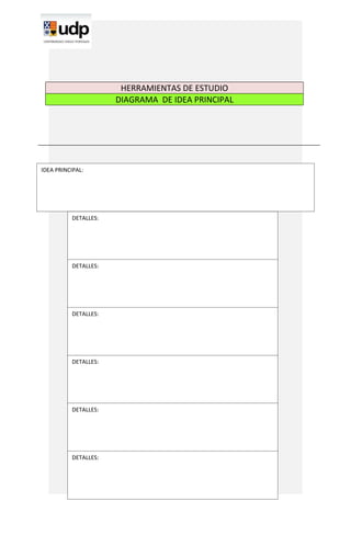 HERRAMIENTAS DE ESTUDIO
                      DIAGRAMA DE IDEA PRINCIPAL




IDEA PRINCIPAL:




          DETALLES:




          DETALLES:




          DETALLES:




          DETALLES:




          DETALLES:




          DETALLES:
 