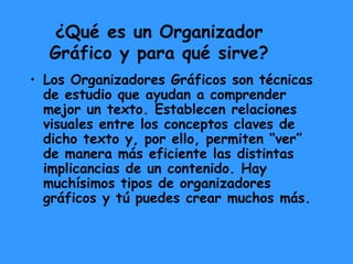 ¿Qué es un Organizador Gráfico y para qué sirve? Los Organizadores Gráficos son técnicas de estudio que ayudan a comprender mejor un texto. Establecen relaciones visuales entre los conceptos claves de dicho texto y, por ello, permiten “ver” de manera más eficiente las distintas implicancias de un contenido. Hay muchísimos tipos de organizadores gráficos y tú puedes crear muchos más. 