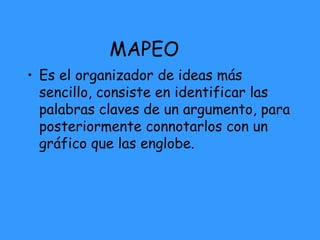 MAPEO Es el organizador de ideas más sencillo, consiste en identificar las palabras claves de un argumento, para posteriormente connotarlos con un gráfico que las englobe. 