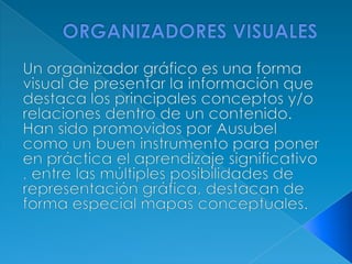 ORGANIZADORES VISUALES Un organizador gráfico es una forma visual de presentar la información que destaca los principales conceptos y/o relaciones dentro de un contenido.Han sido promovidos por Ausubel como un buen instrumento para poner en práctica el aprendizaje significativo , entre las múltiples posibilidades de representación gráfica, destacan de forma especial mapas conceptuales. 