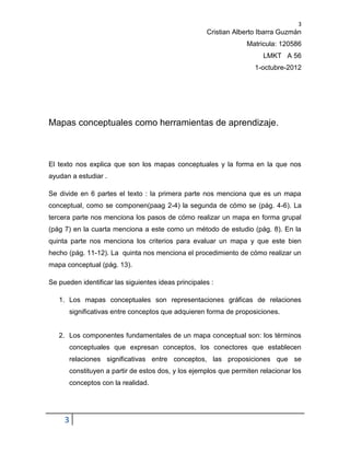 3
                                                     Cristian Alberto Ibarra Guzmán
                                                                 Matricula: 120586
                                                                      LMKT A 56
                                                                    1-octubre-2012




Mapas conceptuales como herramientas de aprendizaje.



El texto nos explica que son los mapas conceptuales y la forma en la que nos
ayudan a estudiar .

Se divide en 6 partes el texto : la primera parte nos menciona que es un mapa
conceptual, como se componen(paag 2-4) la segunda de cómo se (pág. 4-6). La
tercera parte nos menciona los pasos de cómo realizar un mapa en forma grupal
(pág 7) en la cuarta menciona a este como un método de estudio (pág. 8). En la
quinta parte nos menciona los criterios para evaluar un mapa y que este bien
hecho (pág. 11-12). La quinta nos menciona el procedimiento de cómo realizar un
mapa conceptual (pág. 13).

Se pueden identificar las siguientes ideas principales :

   1. Los mapas conceptuales son representaciones gráficas de relaciones
      significativas entre conceptos que adquieren forma de proposiciones.


   2. Los componentes fundamentales de un mapa conceptual son: los términos
      conceptuales que expresan conceptos, los conectores que establecen
      relaciones significativas entre conceptos, las proposiciones que se
      constituyen a partir de estos dos, y los ejemplos que permiten relacionar los
      conceptos con la realidad.




     3
 