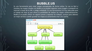 BUBBLE.US
Es una herramienta para crear mapas conceptuales de forma online. Su uso es fácil e
intuitivo, los mapas creados con Bubbl.us se pueden exportar como imagen y compartir en
Internet a través de la URL o código embebido. Es una herramienta 2.0 muy adecuada para
el trabajo de clase ya que ofrece la posibilidad de realizar los mapas colaborativamente.
Bubbl.us se puede utilizar sin registro previo y exportar los trabajos, aunque para obtener
un mejor servicio y poder guardar los mapas es conveniente crear una cuenta.
 