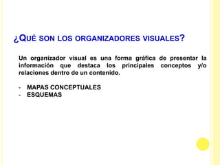 ¿QUÉ SON LOS ORGANIZADORES VISUALES?
Un organizador visual es una forma gráfica de presentar la
información que destaca los principales conceptos y/o
relaciones dentro de un contenido.
- MAPAS CONCEPTUALES
- ESQUEMAS
 