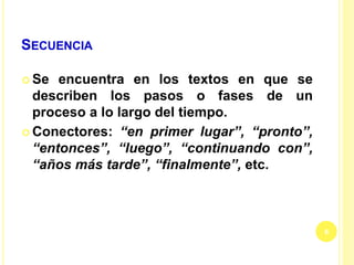 SECUENCIA
 Se encuentra en los textos en que se
describen los pasos o fases de un
proceso a lo largo del tiempo.
 Conectores: “en primer lugar”, “pronto”,
“entonces”, “luego”, “continuando con”,
“años más tarde”, “finalmente”, etc.
6
 