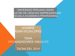 UNIVERSIAD PERUANA UNION
FACULTAD DE CIENCIAS EMPRESARIALES
ESCUELA ACADEMICA PROFESIONAL
NOMBRE
ADAN VILCA LOPEZ
TEMA
ORGANIZADORES VISUALES
TACNA DEL 2014
 