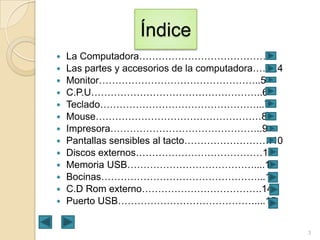 Índice

















La Computadora…………………………………3
Las partes y accesorios de la computadora……..4
Monitor…………………………………………..5
C.P.U……………………………………………..6
Teclado…………………………………………...7
Mouse……………………………………………8
Impresora………………………………………..9
Pantallas sensibles al tacto………………………10
Discos externos…………………………………11
Memoria USB…………………………………....12
Bocinas…………………………………………...13
C.D Rom externo……………………………….14
Puerto USB……………………………………....15

3

 
