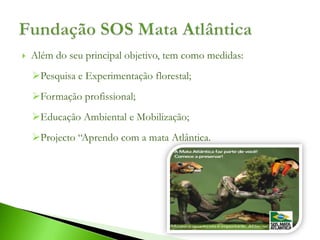    Além do seu principal objetivo, tem como medidas:
    Pesquisa e Experimentação florestal;
    Formação profissional;
    Educação Ambiental e Mobilização;
    Projecto “Aprendo com a mata Atlântica.
 
