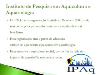    O IPAQ é uma organização fundada no Brasil em 2003, onde
    tem como principal missão preservar os recifes de coral
    brasileiros.
   Esta organização atua a partir de educação
    ambiental, aquicultura e pesquisas em aquariologia.
   Esta incentiva a aquicultura recifal, com o fim de reduzir o
    impacto da aquariofilia nos ecossistemas.
 