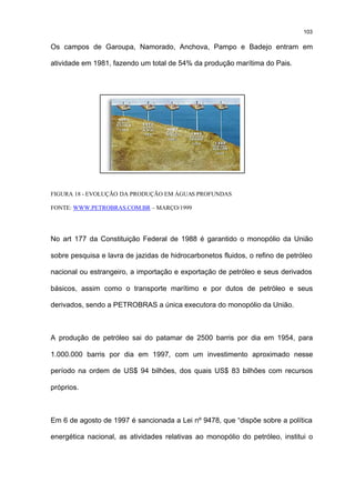 103

Os campos de Garoupa, Namorado, Anchova, Pampo e Badejo entram em

atividade em 1981, fazendo um total de 54% da produção marítima do Pais.




FIGURA 18 - EVOLUÇÃO DA PRODUÇÃO EM ÁGUAS PROFUNDAS

FONTE: WWW.PETROBRAS.COM.BR – MARÇO/1999




No art 177 da Constituição Federal de 1988 é garantido o monopólio da União

sobre pesquisa e lavra de jazidas de hidrocarbonetos fluidos, o refino de petróleo

nacional ou estrangeiro, a importação e exportação de petróleo e seus derivados

básicos, assim como o transporte marítimo e por dutos de petróleo e seus

derivados, sendo a PETROBRAS a única executora do monopólio da União.



A produção de petróleo sai do patamar de 2500 barris por dia em 1954, para

1.000.000 barris por dia em 1997, com um investimento aproximado nesse

período na ordem de US$ 94 bilhões, dos quais US$ 83 bilhões com recursos

próprios.



Em 6 de agosto de 1997 é sancionada a Lei nº 9478, que “dispõe sobre a política

energética nacional, as atividades relativas ao monopólio do petróleo, institui o
 