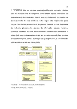 120

A PETROBRAS tinha sua estrutura organizacional formada por órgãos voltados

para as atividades fins da companhia como também órgãos corporativos de

assessoramento à administração superior e de suporte às áreas de negócios no

desenvolvimento de suas atividades. Estes órgãos são responsáveis pelas

funções de comunicação institucional, engenharia, finanças, jurídica, suprimento

de materiais, planejamento, recursos da informação, recursos humanos,

qualidade, segurança industrial, meio ambiente e modernização empresarial. E

existe ainda o centro de pesquisas, órgão que tem sido responsável por grandes

avanços tecnológicos, como a exploração de águas profundas, e é reconhecido

internacionalmente pela sua competência.




FIGURA 23 – ANTIGO ORGANOGRAMA DA PETROBRAS

FONTE: WWW.PETROBRAS.COM.BR
 