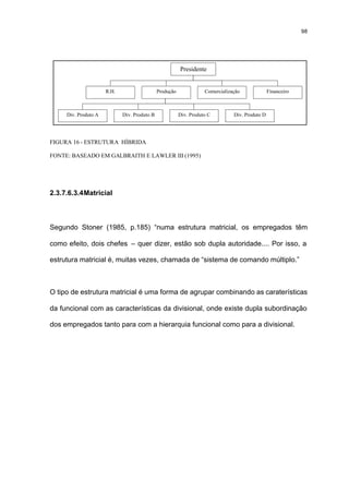 98




                                                         Presidente


                      R.H.                    Produção              Comercialização              Financeiro



     Div. Produto A          Div. Produto B              Div. Produto C         Div. Produto D




FIGURA 16 - ESTRUTURA HÍBRIDA

FONTE: BASEADO EM GALBRAITH E LAWLER III (1995)




2.3.7.6.3.4 Matricial



Segundo Stoner (1985, p.185) “numa estrutura matricial, os empregados têm

como efeito, dois chefes – quer dizer, estão sob dupla autoridade.... Por isso, a

estrutura matricial é, muitas vezes, chamada de “sistema de comando múltiplo.”



O tipo de estrutura matricial é uma forma de agrupar combinando as caraterísticas

da funcional com as características da divisional, onde existe dupla subordinação

dos empregados tanto para com a hierarquia funcional como para a divisional.
 