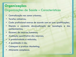 Organizações
Organizações de Saúde – Características
• Centralização nas zonas urbanas;
• Tarefas rotineiras;
• Cada profissional exerce de acordo com as suas qualificações;
• Rápida e constante desatualização da tecnologia e dos
conhecimentos;
• Escassez de recursos humanos;
• Avaliação quantitativa dos recursos;
• A produtividade é reduzida;
• A qualidade é má;
• Começam a praticar Marketing;
• Altamente complexas.
23
 