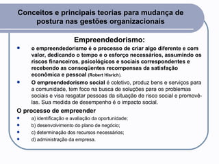 Conceitos e principais teorias para mudança de postura nas gestões organizacionais Empreendedorismo: o empreendedorismo é o processo de criar algo diferente e com valor, dedicando o tempo e o esforço necessários, assumindo os riscos financeiros, psicológicos e sociais correspondentes e  recebendo as conseqüentes recompensas da satisfação econômica e pessoal  (Robert Hisrich ) .   O empreendedorismo social  é coletivo, produz bens e serviços para a comunidade, tem foco na busca de soluções para os problemas sociais e visa resgatar pessoas da situação de risco social e promovê-las. Sua medida de desempenho é o impacto social.  O processo de empreender a) identificação e avaliação da oportunidade; b) desenvolvimento do plano de negócio; c) determinação dos recursos necessários; d) administração da empresa. 