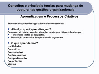 Conceitos e principais teorias para mudança de postura nas gestões organizacionais Aprendizagem e Processos Criativos Processo de apreender algo sobre o objeto observado. Afinal, o que é aprendizagem? Processo; atividade;  reação;   situação; mudanças.  Não explicadas por: Tendências inatas de respostas,  Maturação ou estados temporários do organismo. O que aprendemos?   Habilidades  Conceitos  Preconceitos  Conhecimentos  Comportamento  Preferências  Manias   