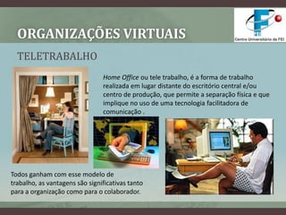 Organizações VirtuaisTELETRABALHOHome Office ou tele trabalho, é a forma de trabalho realizada em lugar distante do escritório central e/ou centro de produção, que permite a separação física e que implique no uso de uma tecnologia facilitadora de comunicação .Todos ganham com esse modelo de trabalho, as vantagens são significativas tanto para a organização como para o colaborador.