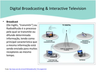 Digital Broadcasting & Interactive Television
• Broadcast
(Do Inglês, "transmitir") ou
Radiodifusão é o processo
pelo qual se transmite ou
difunde determinada
informação, tendo como
principal característica que
a mesma informação está
sendo enviada para muitos
receptores ao mesmo
tempo.
Fonte: http://www.ced.ufsc.br/men5185/trabalhos/59_TV/tv-digital.html
 